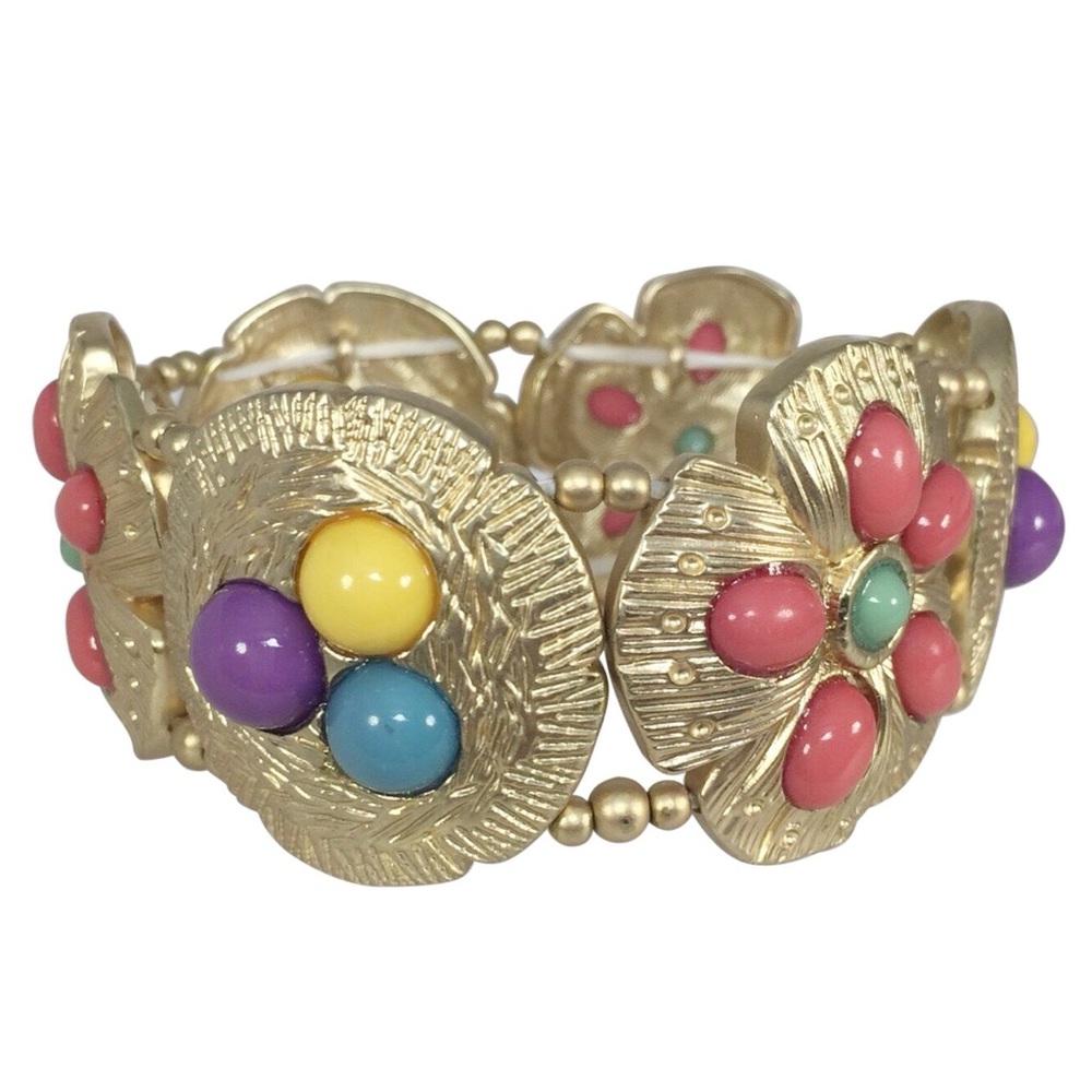 Multicolor Flower Dot Gold Tone Panel Stretch Bracelet